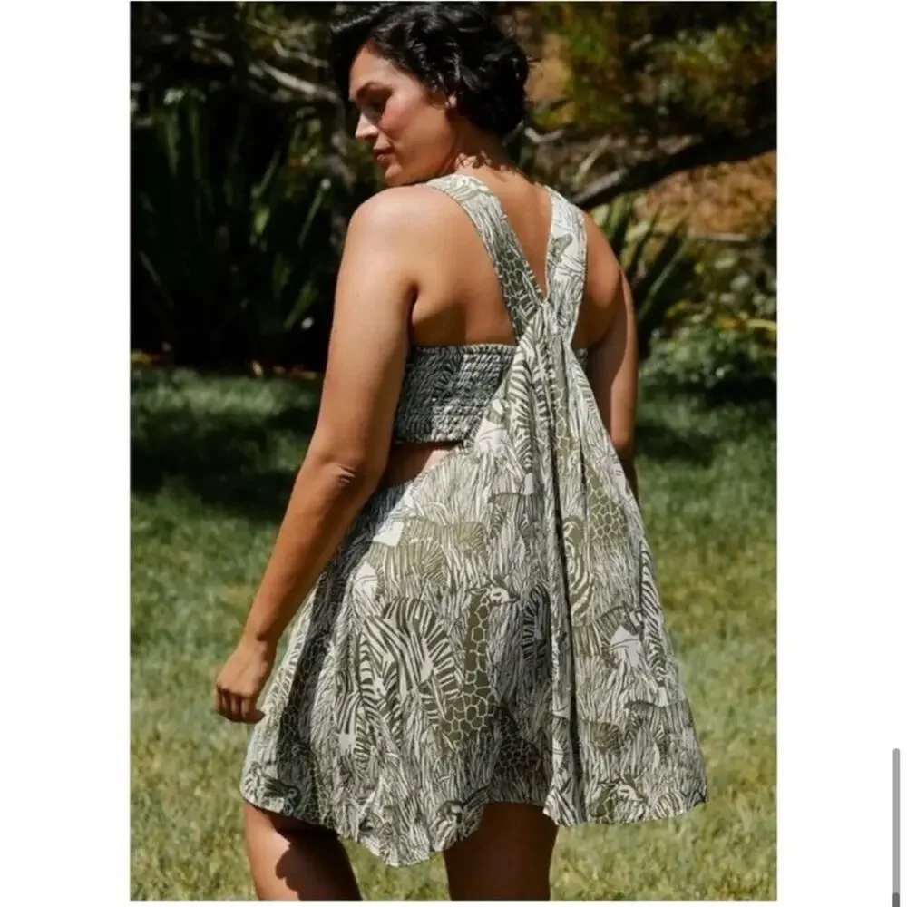 Anthropologie moss green cream safari animal cutout dress size XL Petite NWT